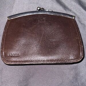 Fossil Dark Brown Leather Kiss-Lock Coin Pouch EUC